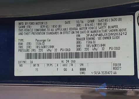 2016 Ford Fiesta Se из США, поврежденный, VIN 3FADP4BJXGM203212